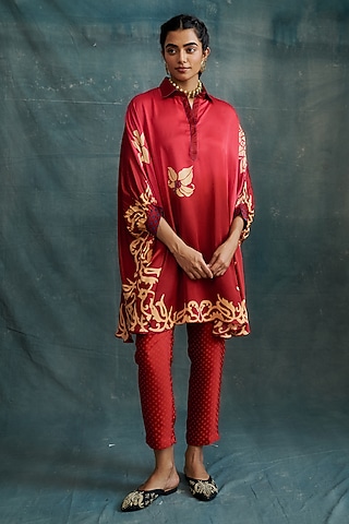 Pink Modal Hand Block Printed Kaftan Tunic by Krishna Mehta