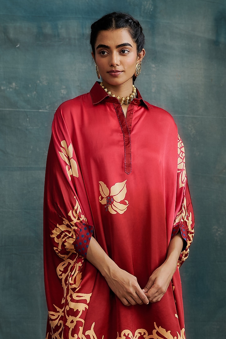 Pink Modal Hand Block Printed Kaftan Tunic by Krishna Mehta at Pernia's Pop Up Shop