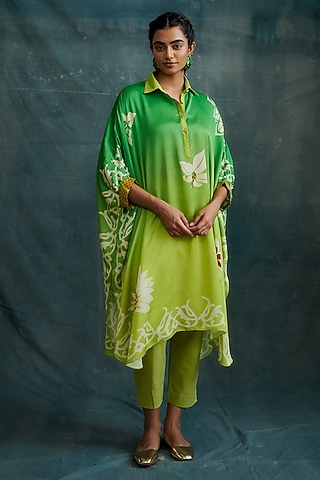 Emerald Green Modal Hand Block Printed Kaftan Tunic by Krishna Mehta