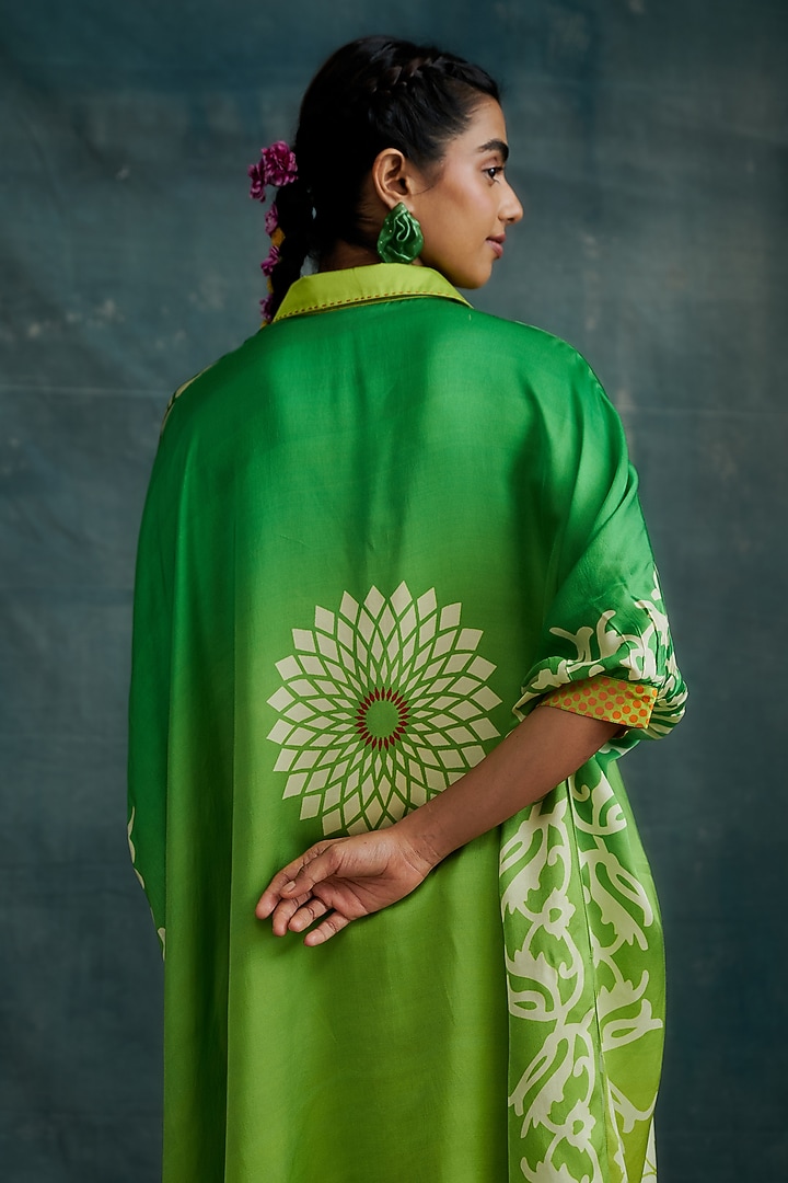 Emerald Green Modal Hand Block Printed Kaftan Tunic by Krishna Mehta at Pernia's Pop Up Shop