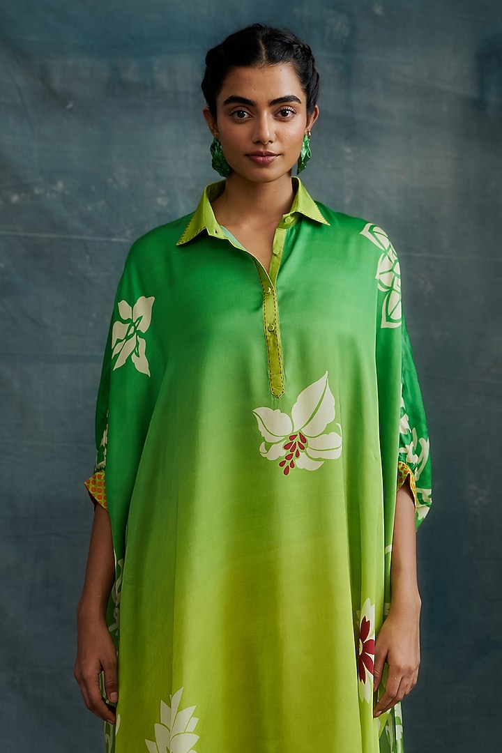 Emerald Green Modal Hand Block Printed Kaftan Tunic by Krishna Mehta at Pernia's Pop Up Shop