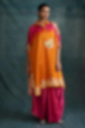 Fuchsia & Orange Modal Hand Block Printed Kaftan Tunic by Krishna Mehta at Pernia's Pop Up Shop