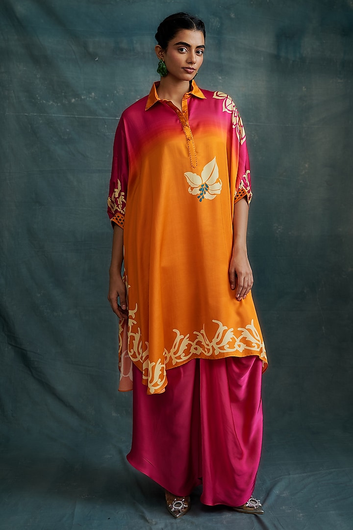 Fuchsia & Orange Modal Hand Block Printed Kaftan Tunic by Krishna Mehta at Pernia's Pop Up Shop