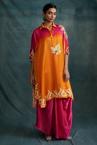 Fuchsia & Orange Modal Hand Block Printed Kaftan Tunic by Krishna Mehta