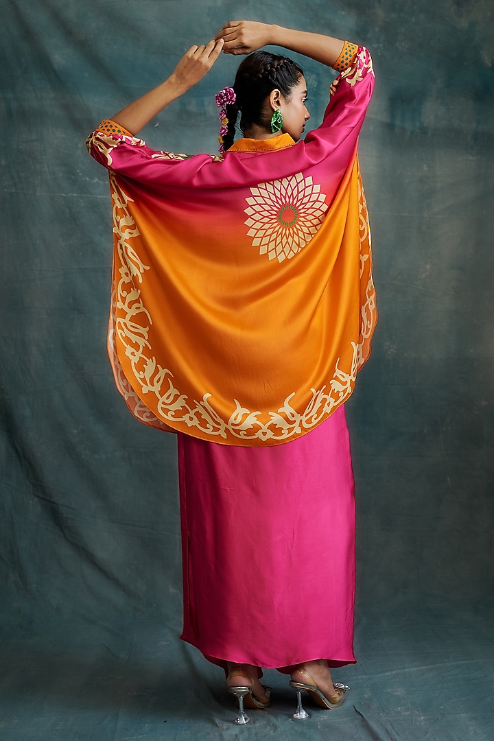 Fuchsia & Orange Modal Hand Block Printed Kaftan Tunic by Krishna Mehta at Pernia's Pop Up Shop