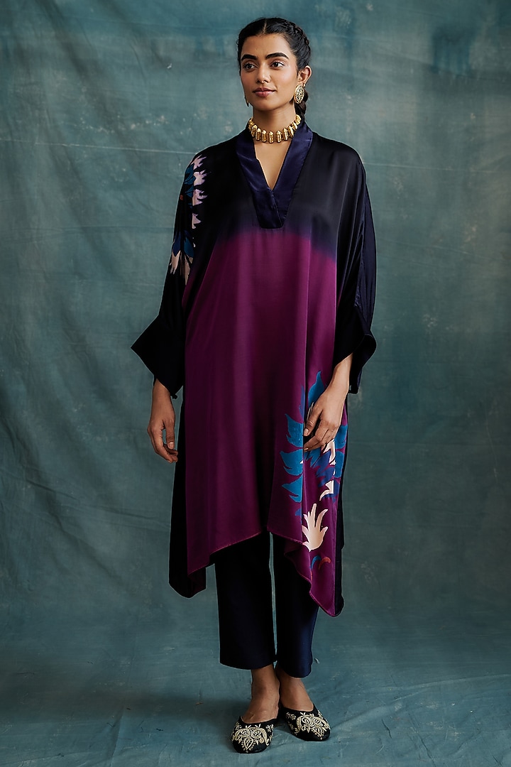 Indigo & Magenta Modal Hand Block Printed Kaftan Tunic by Krishna Mehta at Pernia's Pop Up Shop