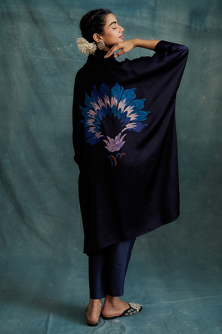 Indigo & Magenta Modal Hand Block Printed Kaftan Tunic by Krishna Mehta at Pernia's Pop Up Shop