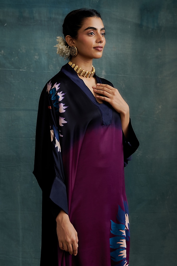 Indigo & Magenta Modal Hand Block Printed Kaftan Tunic by Krishna Mehta at Pernia's Pop Up Shop
