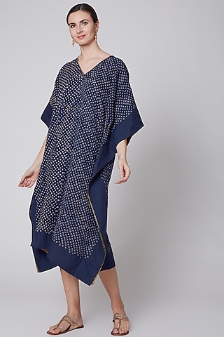 Indigo Blue Embroidered Kaftan by Krishna Mehta 