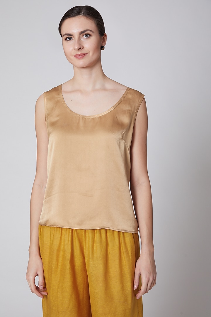 Beige Satin Tank Top by Krishna Mehta at Pernia's Pop Up Shop