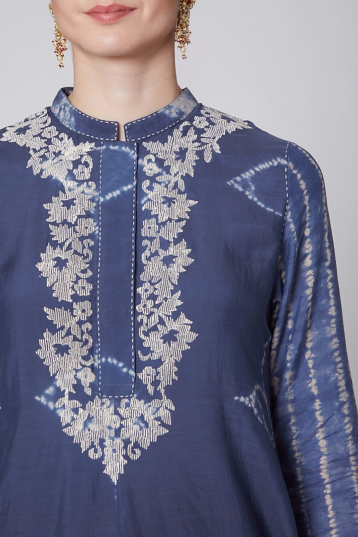Indigo Blue Embroidered Tunic by Krishna Mehta at Pernia's Pop Up Shop