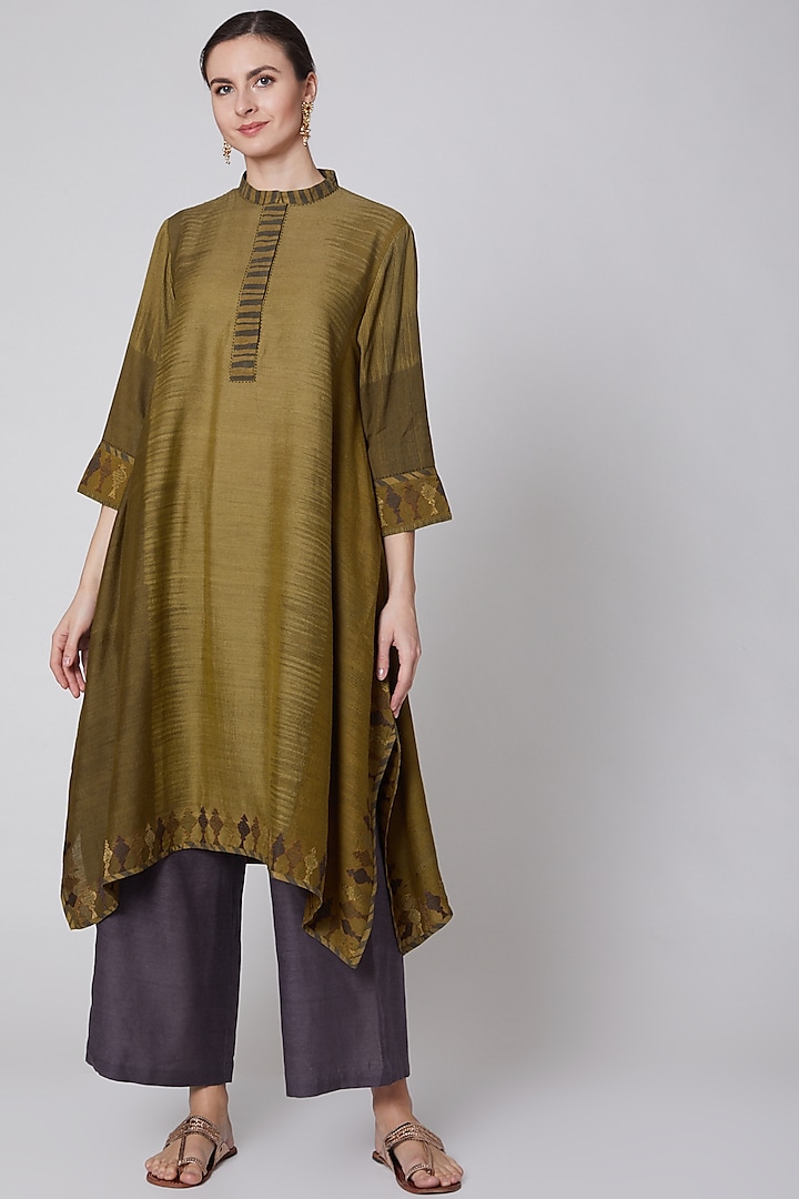 Olive Green Printed Embroidered Tunic by Krishna Mehta 