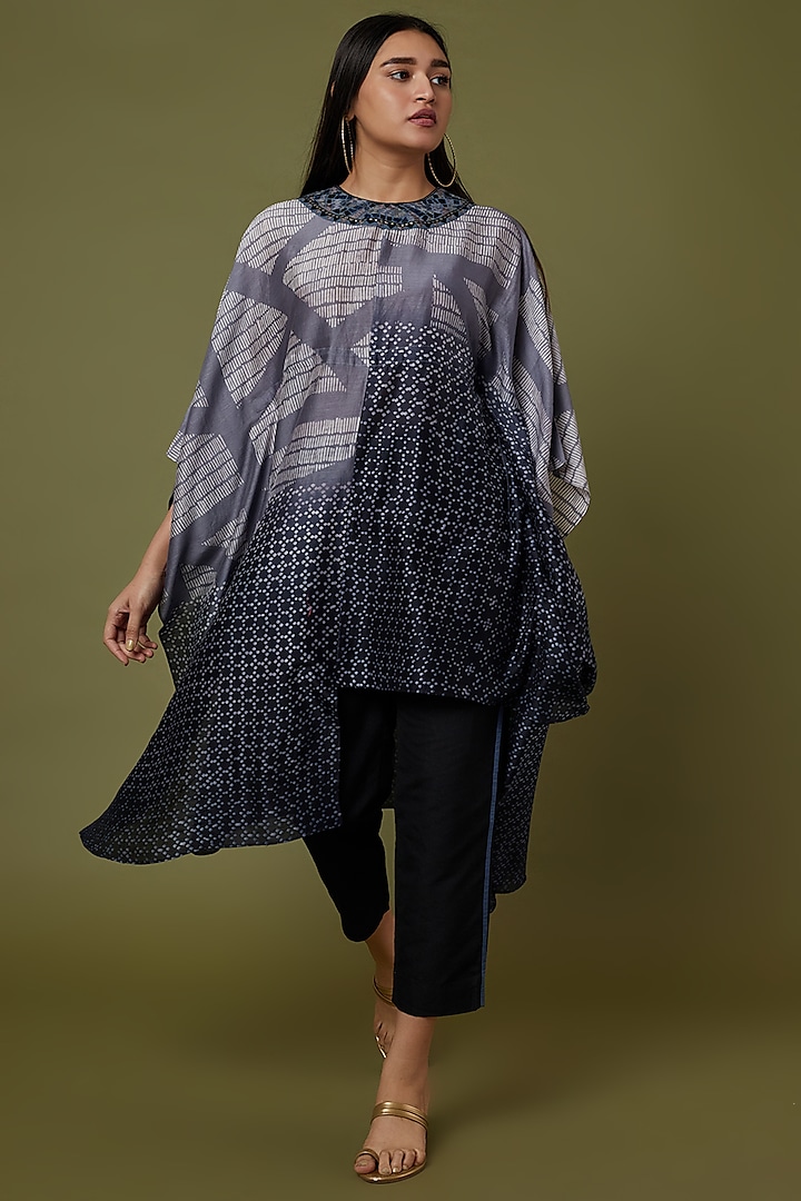Grey Printed Asymmetrical Tunic Set by Krishna Mehta