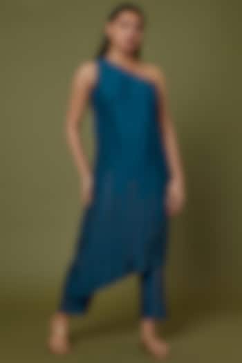 Navy Blue One Shoulder Pleated Tunic by Krishna Mehta