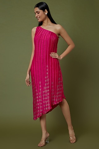 Red Printed One Shoulder Tunic by Krishna Mehta