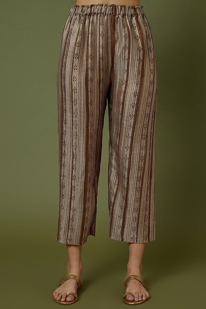 Beige Printed Pleated Pants by Krishna Mehta at Pernia's Pop Up Shop