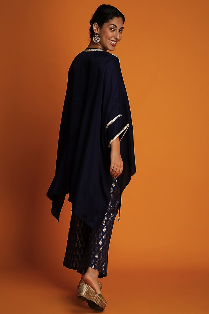 Indigo Satin Hand Embroidered Kaftan Tunic by Krishna Mehta at Pernia's Pop Up Shop