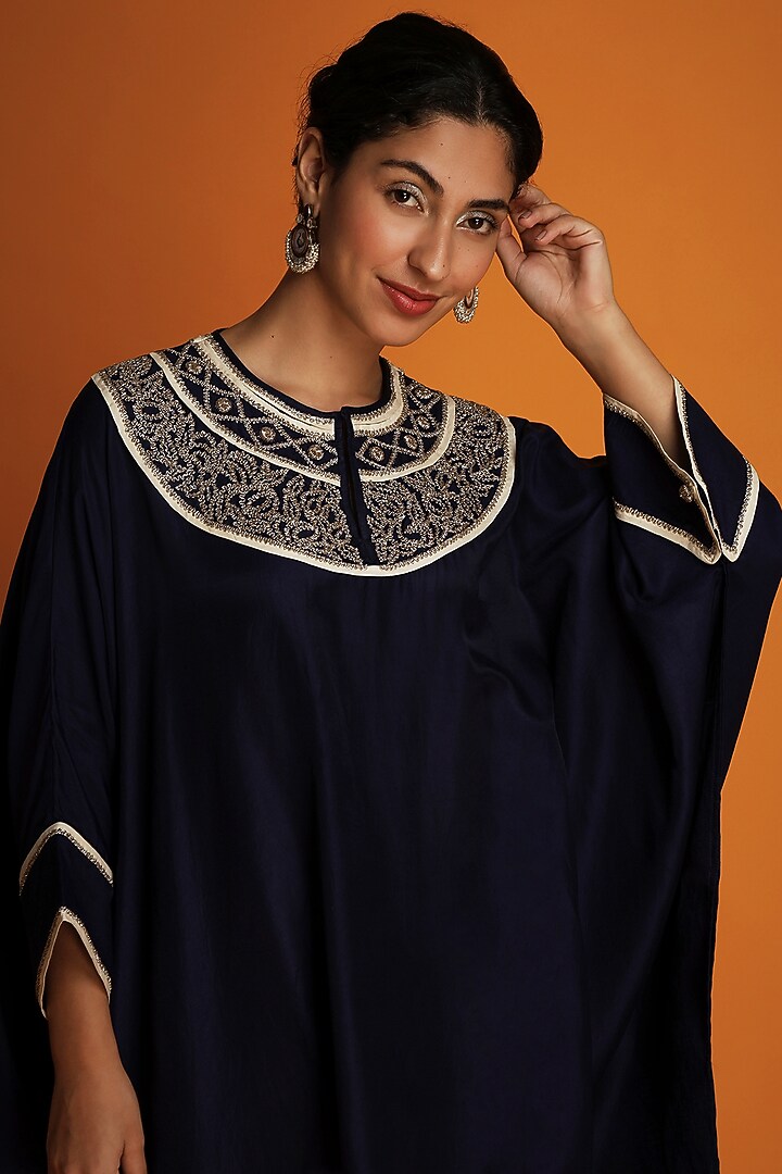 Indigo Satin Hand Embroidered Kaftan Tunic by Krishna Mehta at Pernia's Pop Up Shop