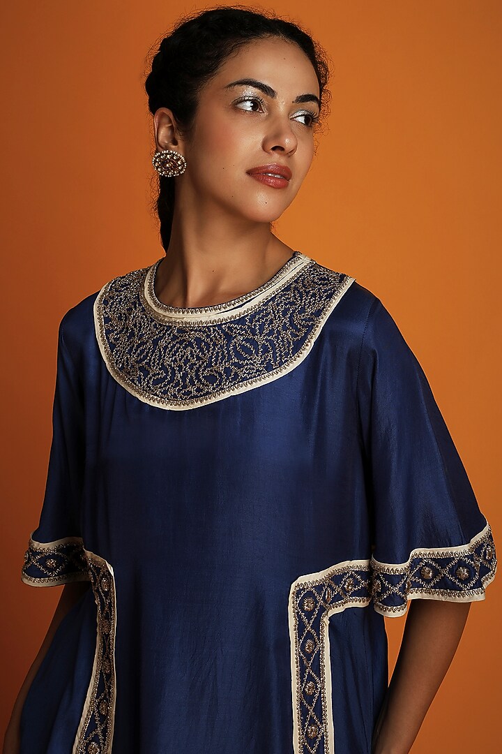 Indigo Modal Zardosi Embroidered Tunic by Krishna Mehta at Pernia's Pop Up Shop