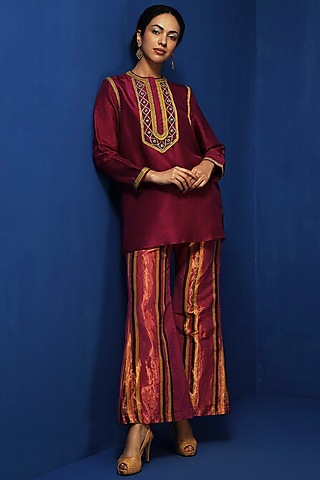 Magenta Silk Tissue Stripe Handwoven Bell-Bottom Pants by Krishna Mehta
