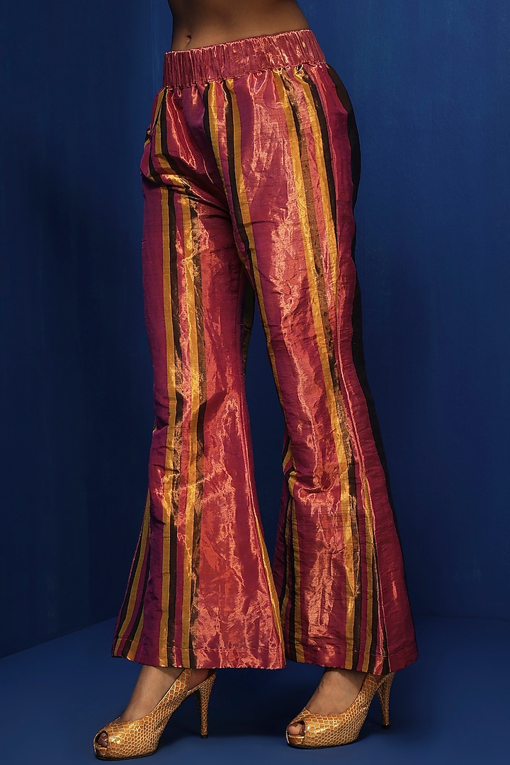 Magenta Silk Tissue Stripe Handwoven Bell-Bottom Pants by Krishna Mehta at Pernia's Pop Up Shop