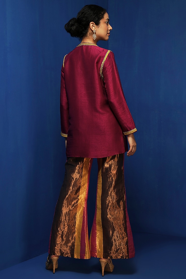Magenta Silk Tissue Stripe Handwoven Bell-Bottom Pants by Krishna Mehta at Pernia's Pop Up Shop