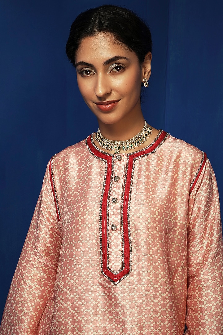 Pink Tussar Handblock Printed Kurta Set by Krishna Mehta at Pernia's Pop Up Shop