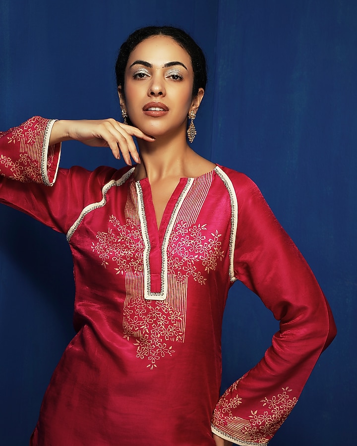 Fuchsia Modal Handblock Printed & Zardosi Embroidered Kurta by Krishna Mehta at Pernia's Pop Up Shop