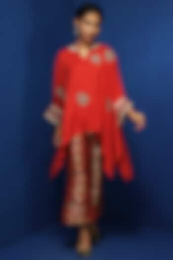 Red Chanderi Zardosi Embroidered Kaftan Tunic by Krishna Mehta at Pernia's Pop Up Shop