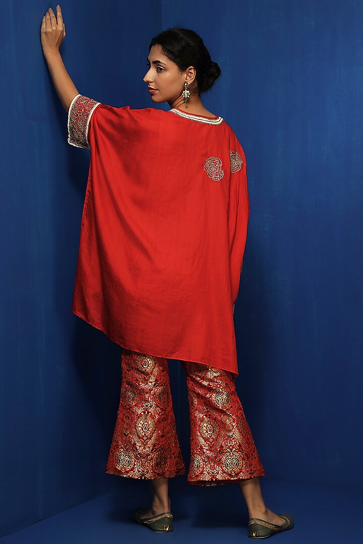 Red Chanderi Zardosi Embroidered Kaftan Tunic by Krishna Mehta at Pernia's Pop Up Shop