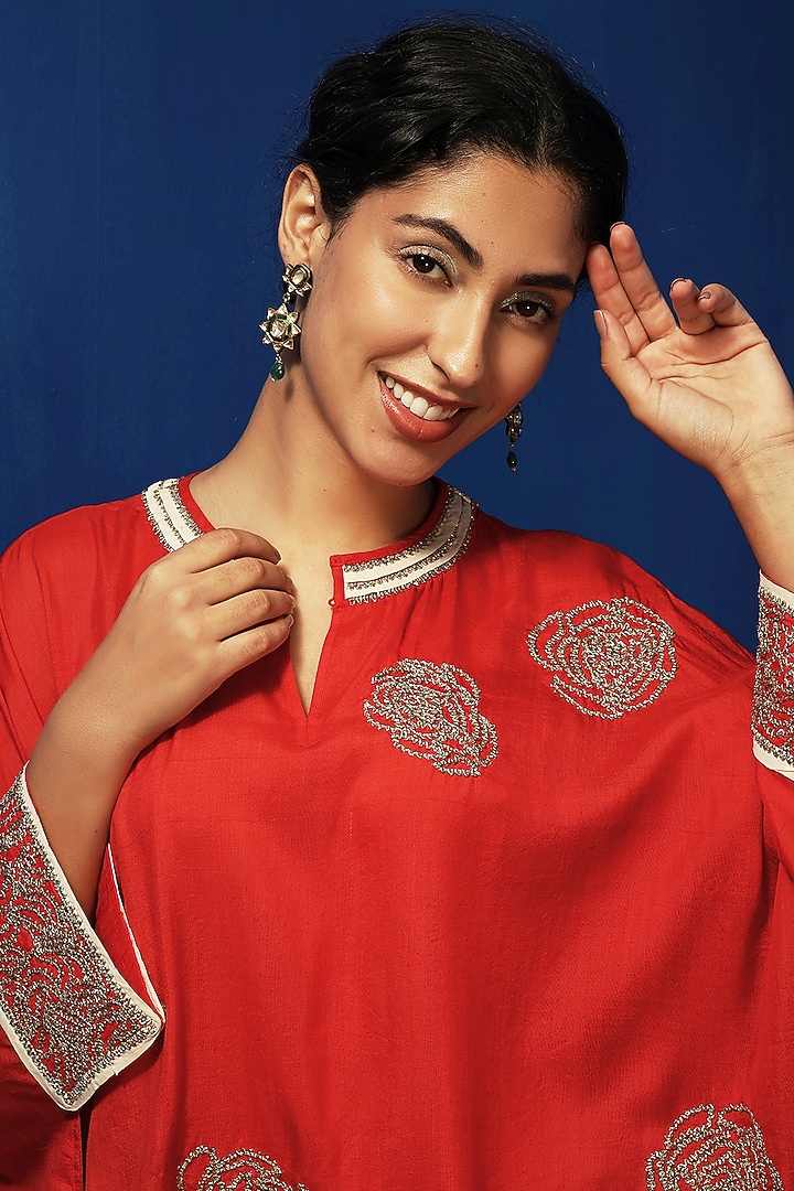 Red Chanderi Zardosi Embroidered Kaftan Tunic by Krishna Mehta at Pernia's Pop Up Shop