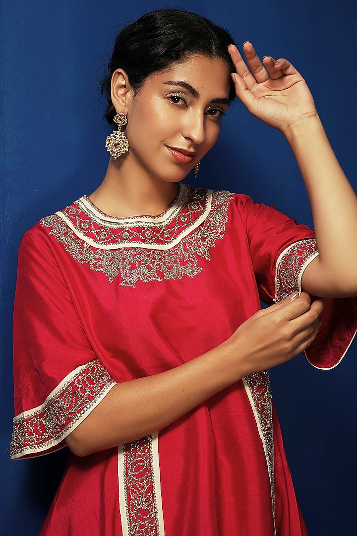 Fuchsia Tussar Zardosi Embellished Tunic by Krishna Mehta at Pernia's Pop Up Shop
