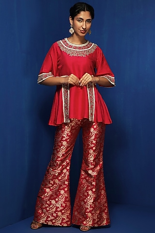 Fuchsia Silk Brocade Floral Bell-Bottom Pants by Krishna Mehta
