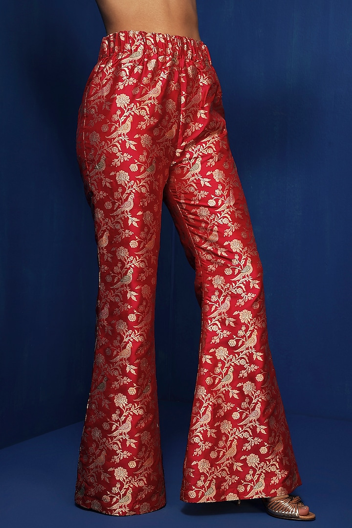 Fuchsia Silk Brocade Floral Bell-Bottom Pants Design by Krishna