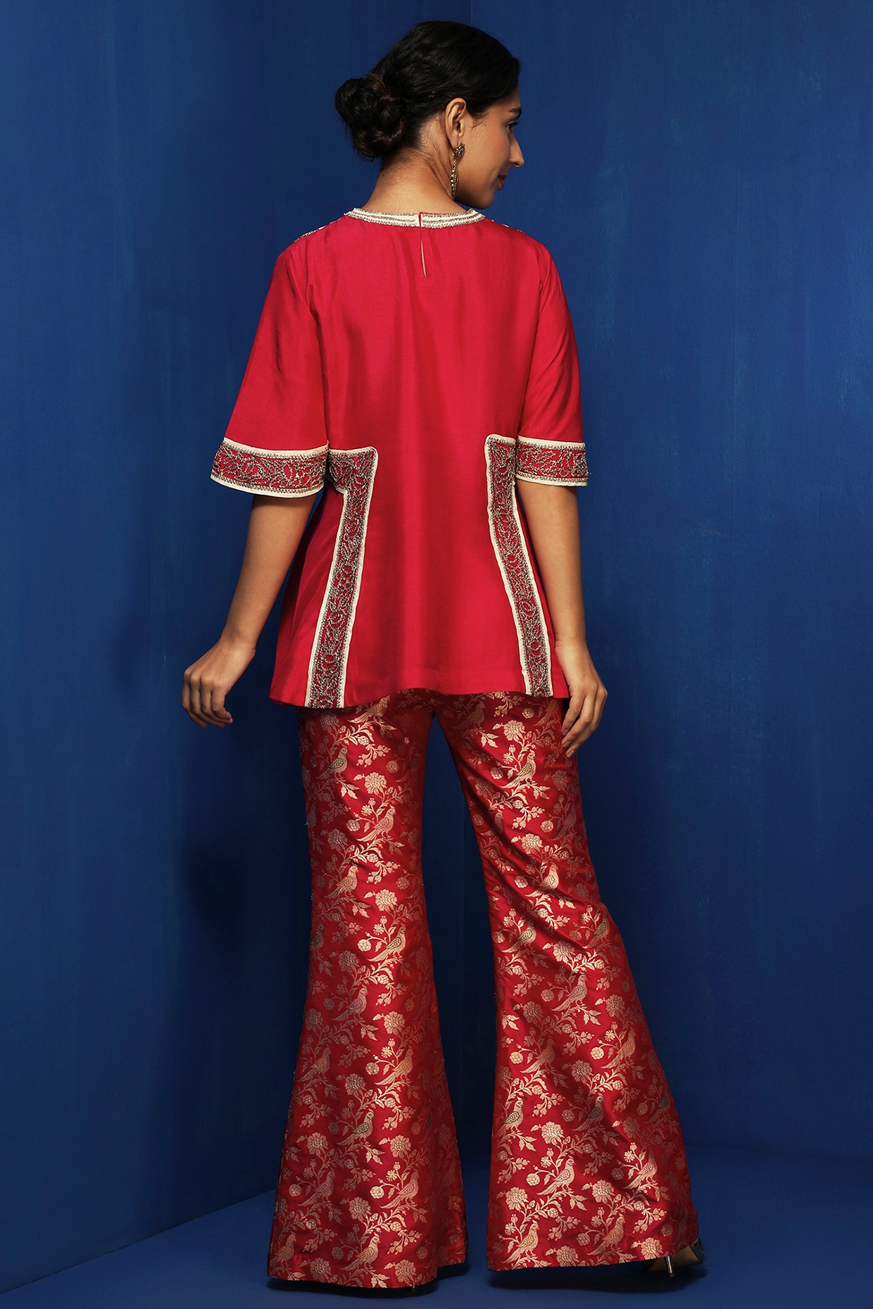 Fuchsia Silk Brocade Floral Bell-Bottom Pants Design by Krishna Mehta at  Pernia's Pop Up Shop 2024