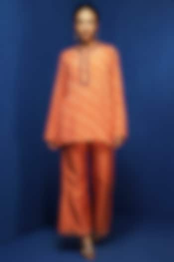 Orange Tussar Bell-Bottom Pants by Krishna Mehta