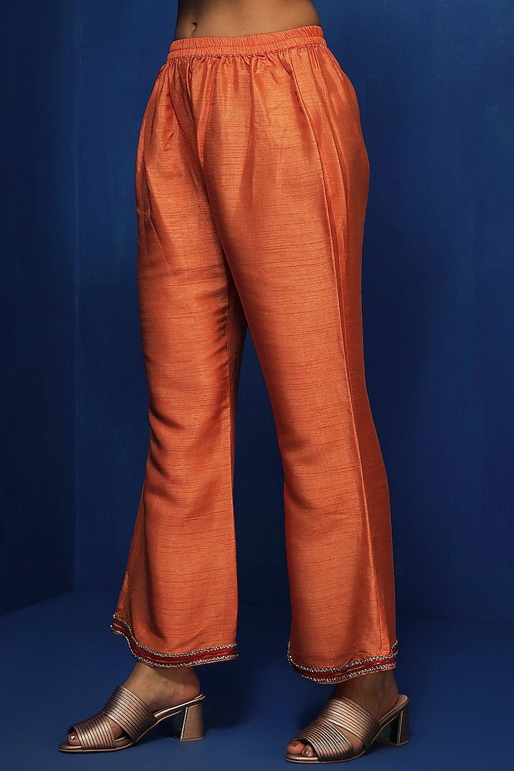 Orange Tussar Bell-Bottom Pants by Krishna Mehta at Pernia's Pop Up Shop