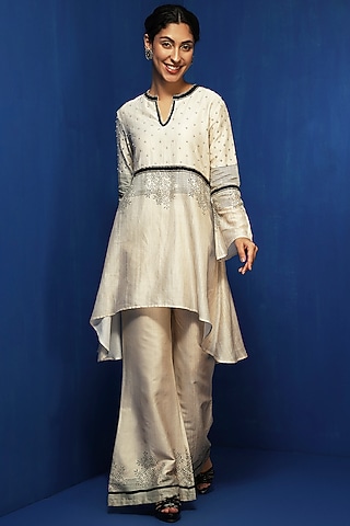 Ecru Cotton Viscose Handblock Printed & Zardosi Embellished Asymmetric Tunic by Krishna Mehta