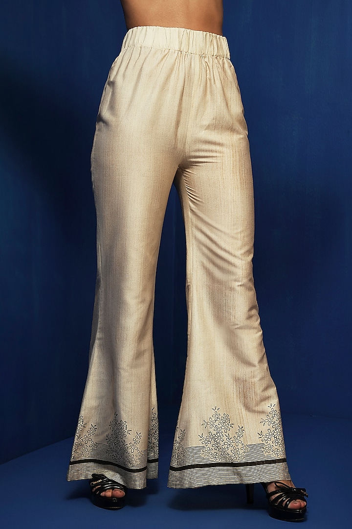 Ecru Cotton Viscose Handblock Printed Bell-Bottom Pants by Krishna Mehta at Pernia's Pop Up Shop