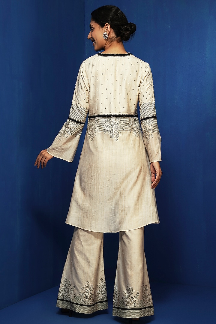 Ecru Cotton Viscose Handblock Printed Bell-Bottom Pants by Krishna Mehta at Pernia's Pop Up Shop