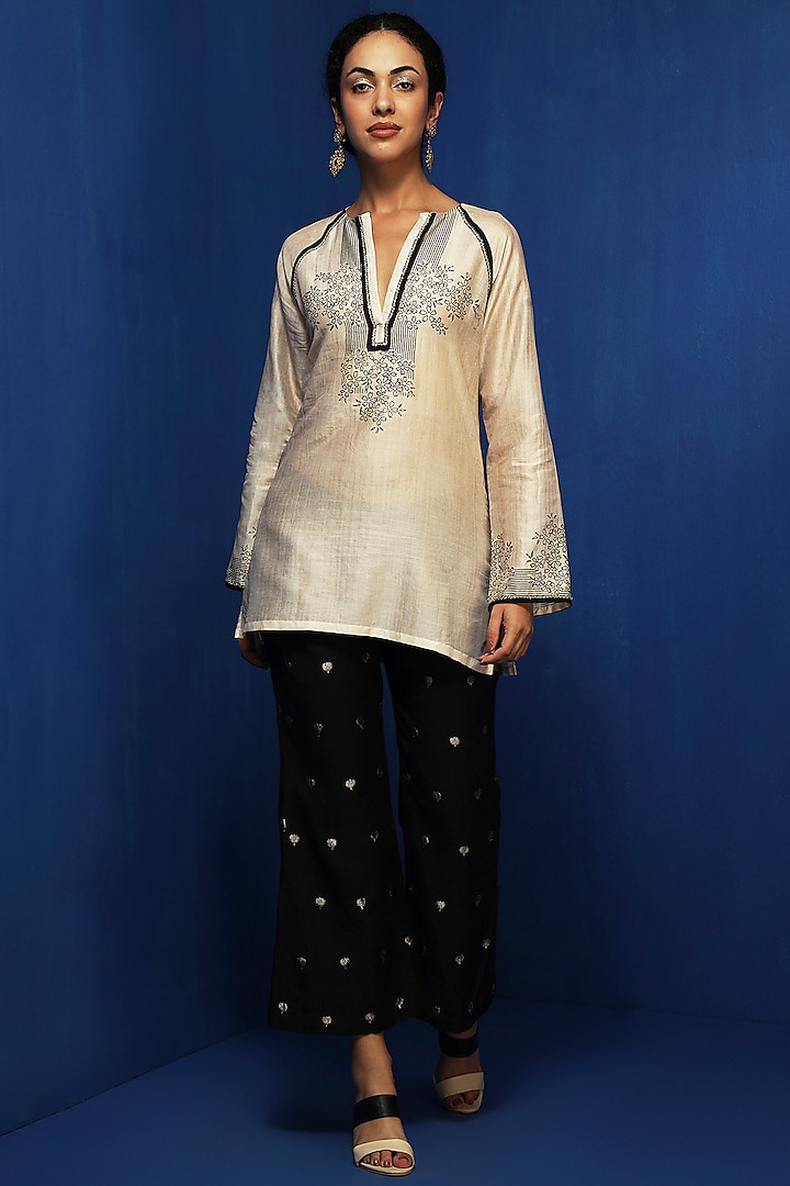 Ecru Cotton Viscose Handblock Printed & Zardosi Embellished Tunic by Krishna Mehta
