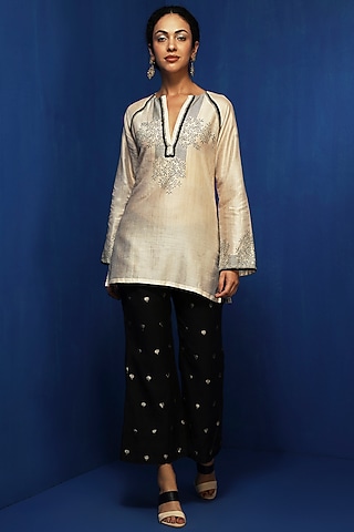 Ecru Cotton Viscose Handblock Printed & Zardosi Embellished Tunic by Krishna Mehta