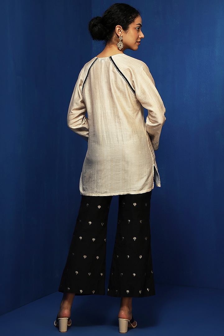 Ecru Cotton Viscose Handblock Printed & Zardosi Embellished Tunic by Krishna Mehta at Pernia's Pop Up Shop