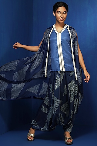 Indigo Chanderi Handblock Printed Asymmetric Cape Set by Krishna Mehta