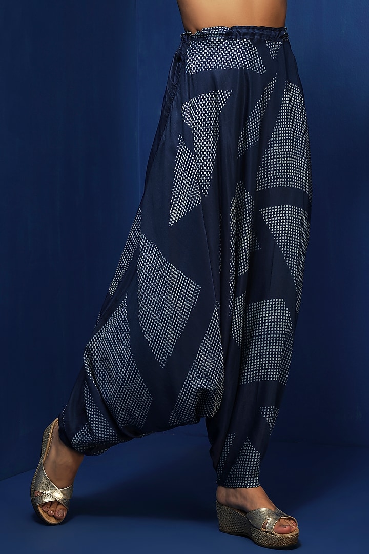 Indigo Chanderi Handblock Printed Draped Pants by Krishna Mehta at Pernia's Pop Up Shop