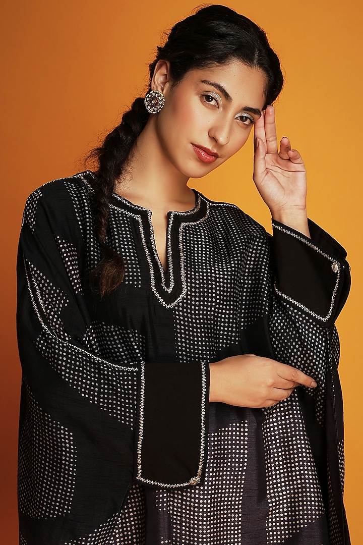Black Tussar Handblock Printed Tunic Set by Krishna Mehta at Pernia's Pop Up Shop