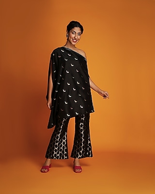 Black Brocade Boota Off-Shoulder Top by Krishna Mehta