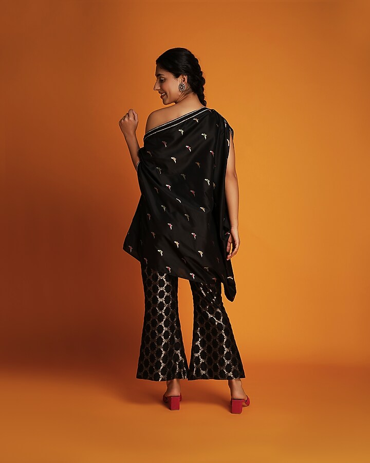 Black Brocade Boota Off-Shoulder Top by Krishna Mehta at Pernia's Pop Up Shop