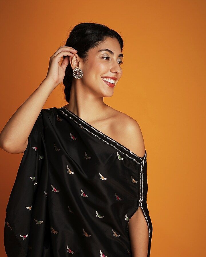 Black Brocade Boota Off-Shoulder Top by Krishna Mehta at Pernia's Pop Up Shop