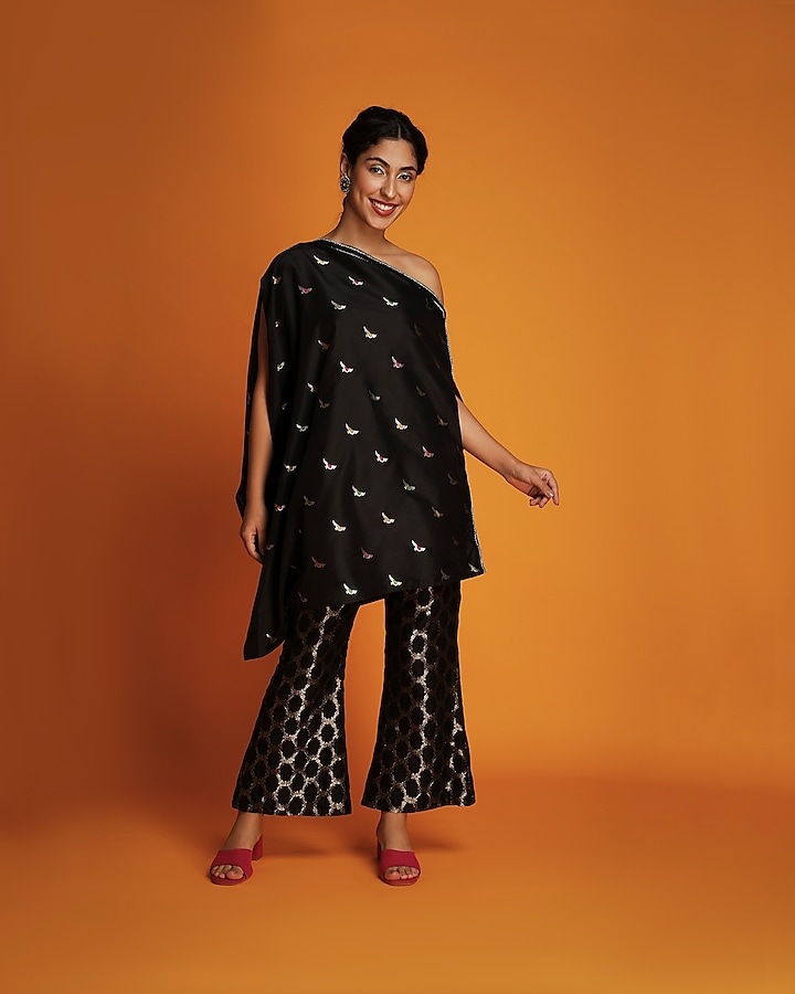 Black Brocade Handwoven Jaal Bell-Bottom Pants by Krishna Mehta at Pernia's Pop Up Shop